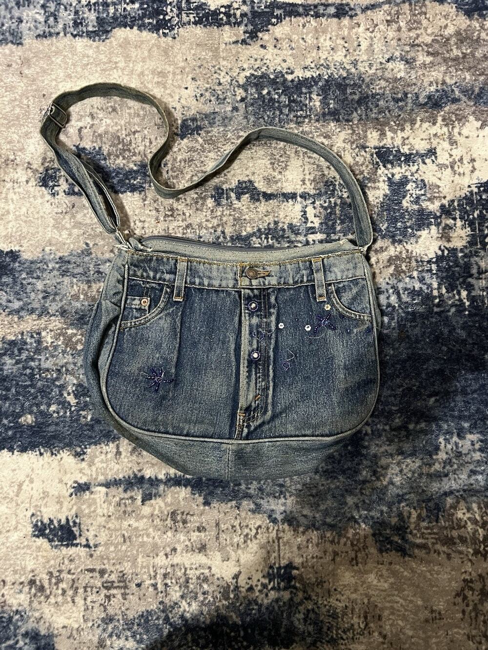 VTG 80’s Levi Jeans Hand & Heart Walnut CA Denim Shoulder Bag Purse BEADED